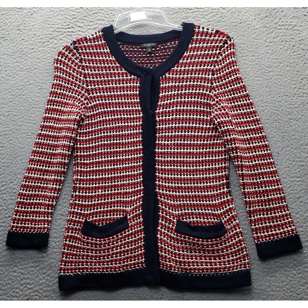 Talbots Cardigan Sweater Womens Petite S Multi Pattern Knit Long Sleeve Snap Up